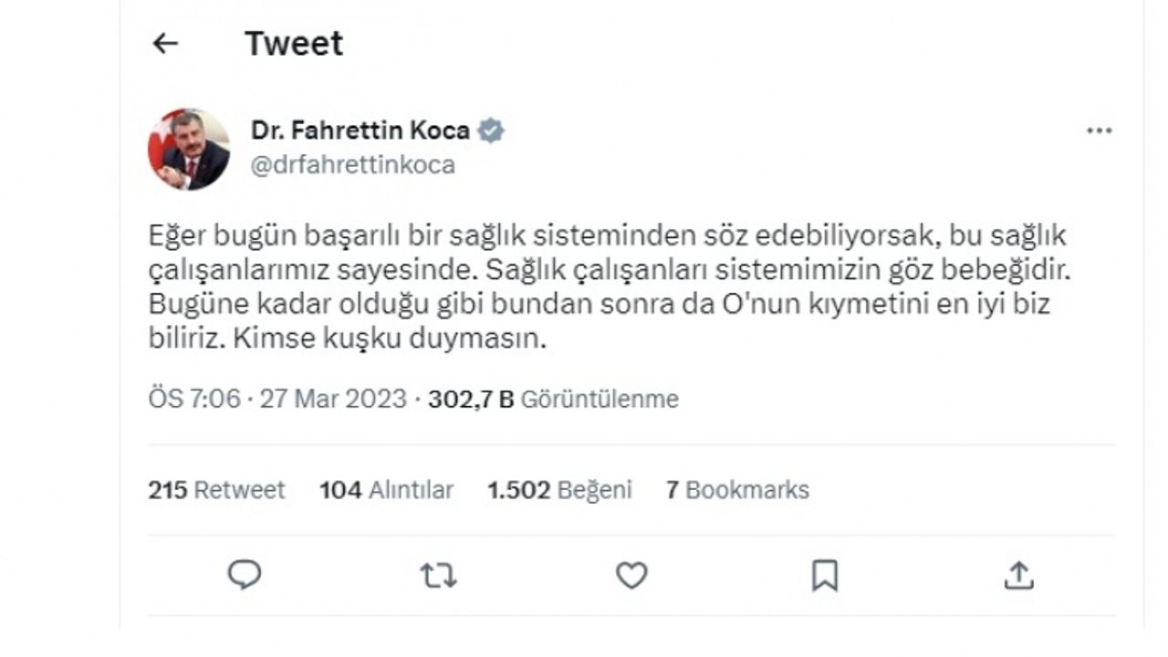 Bakan KOCA'dan Sağlıkçıları Heyecanlandıran Tweet