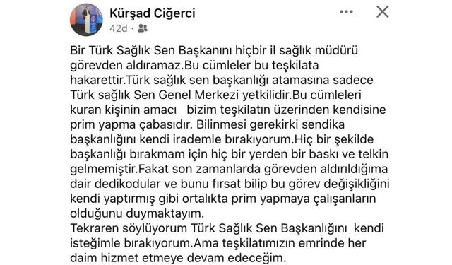 Sendika Başkanı: Sağlık Müdürü İstedi Diye İstifa Etmedim.