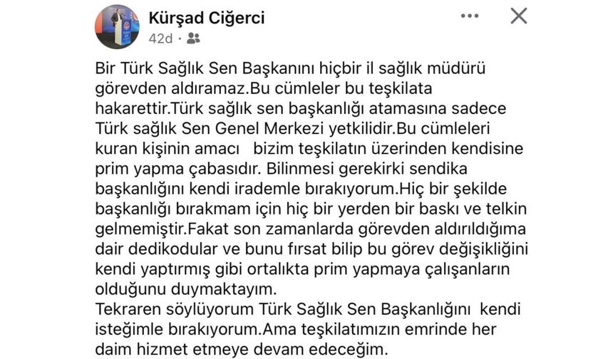 Sendika Başkanı: Sağlık Müdürü İstedi Diye İstifa Etmedim.